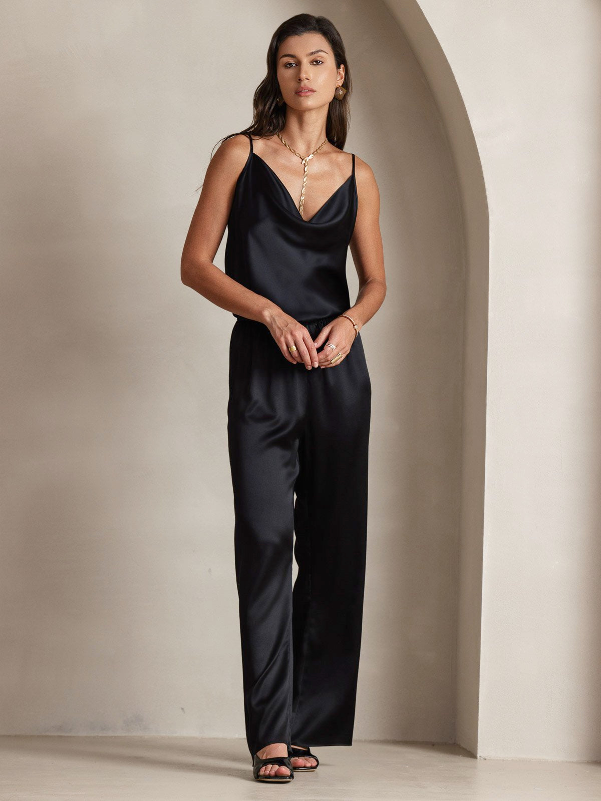 [Black] SilkSilky-AU 19Momme Silk Spaghetti Strap Cowl Neck Camisole 008