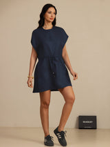 [Dark Blue] SilkSilky-AU 18Momme Silk Satin Surah Cap Sleeve Henley Neck Dress 007