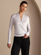 [Gray] SilkSilky-AU Long Sleeve Wrap Women's Blouse 003