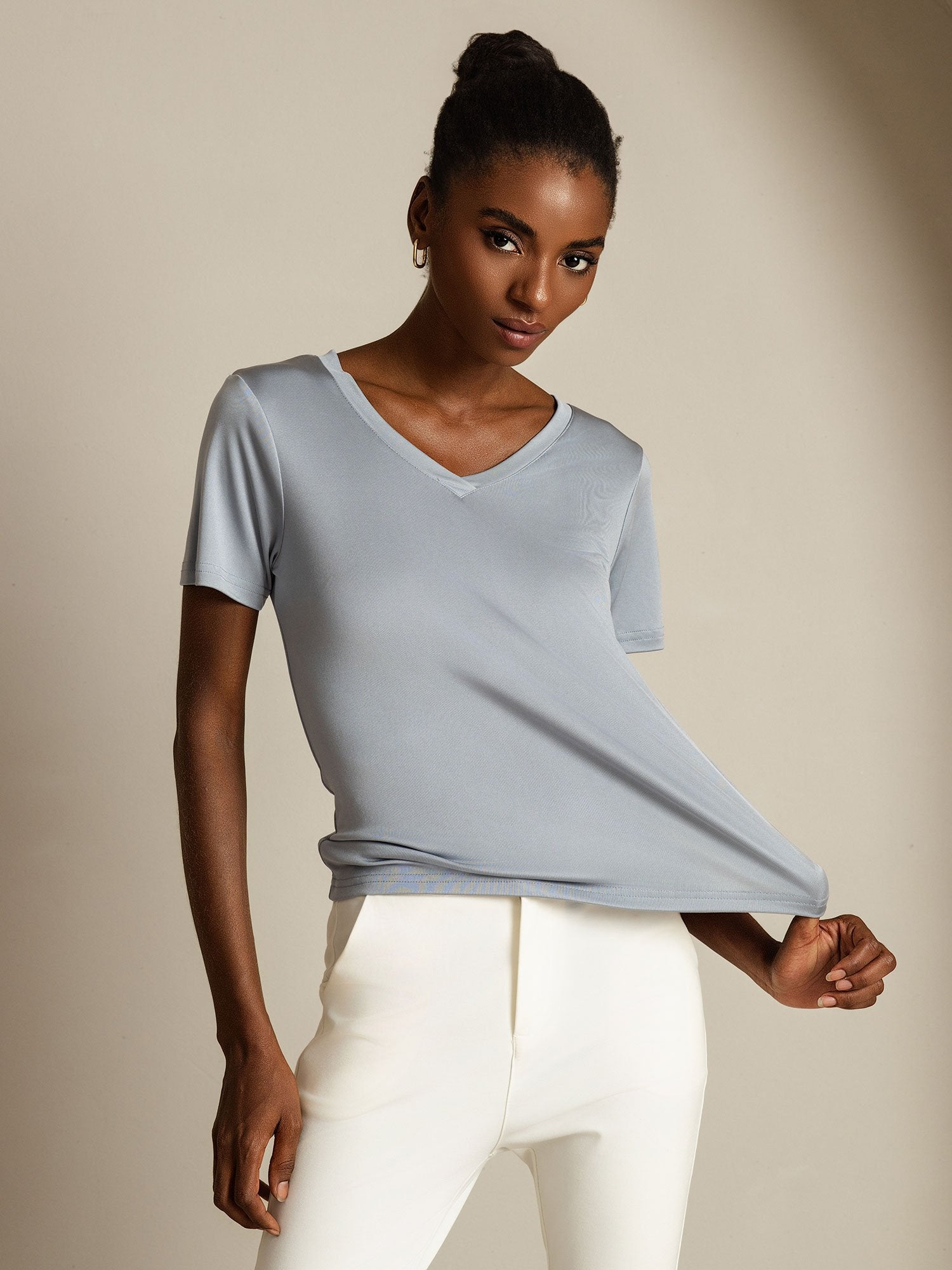 [LightGray] SilkSilky-AU Pure Silk V Neck Women's T-Shirt 006