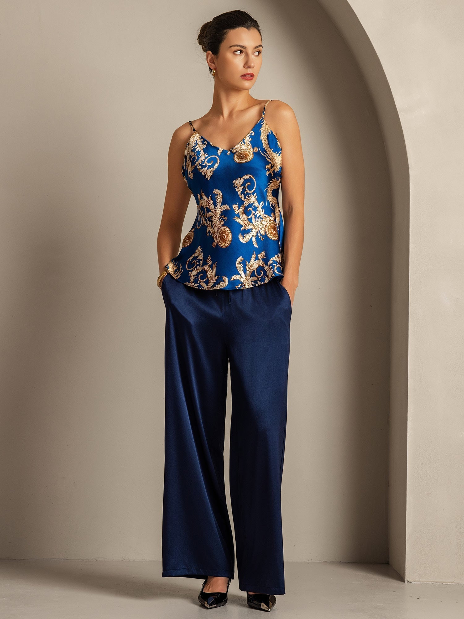 [Navy Dragon] SilkSilky-AU Pure Silk V Neck Camisole 008,