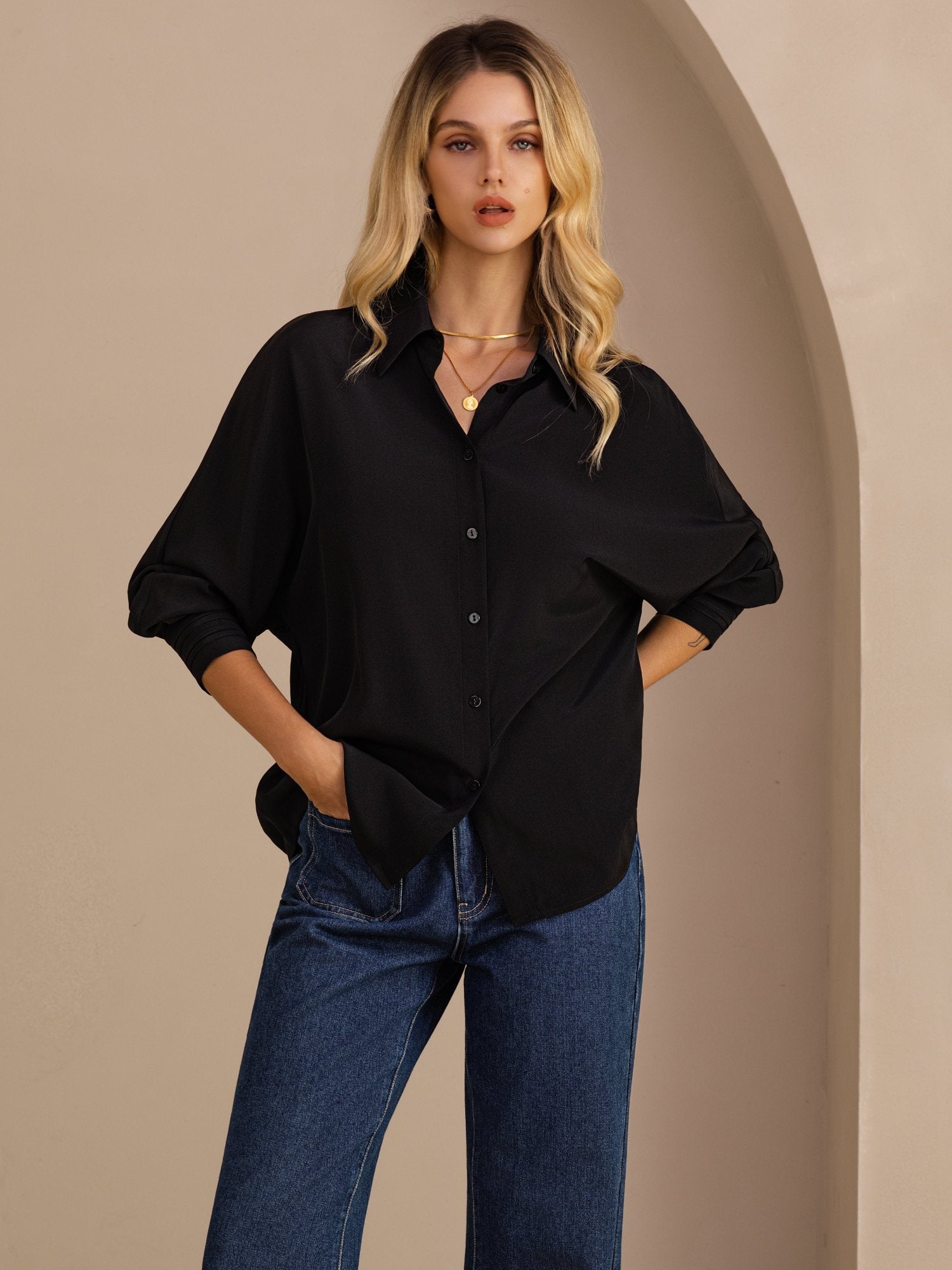 [Black] SilkSilky-AU Long Sleeve Lapel Collar Women's Shirt 001