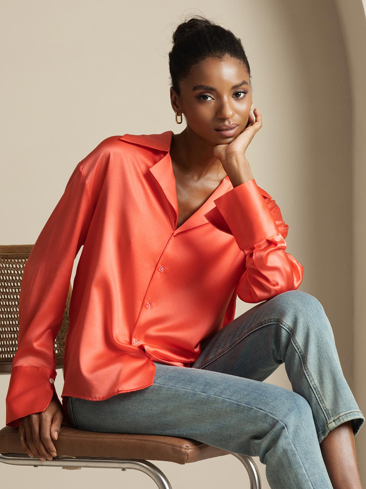 [Imperial Red] SilkSilky-AU 19Momme Silk Notch Collar Women's Shirt 001