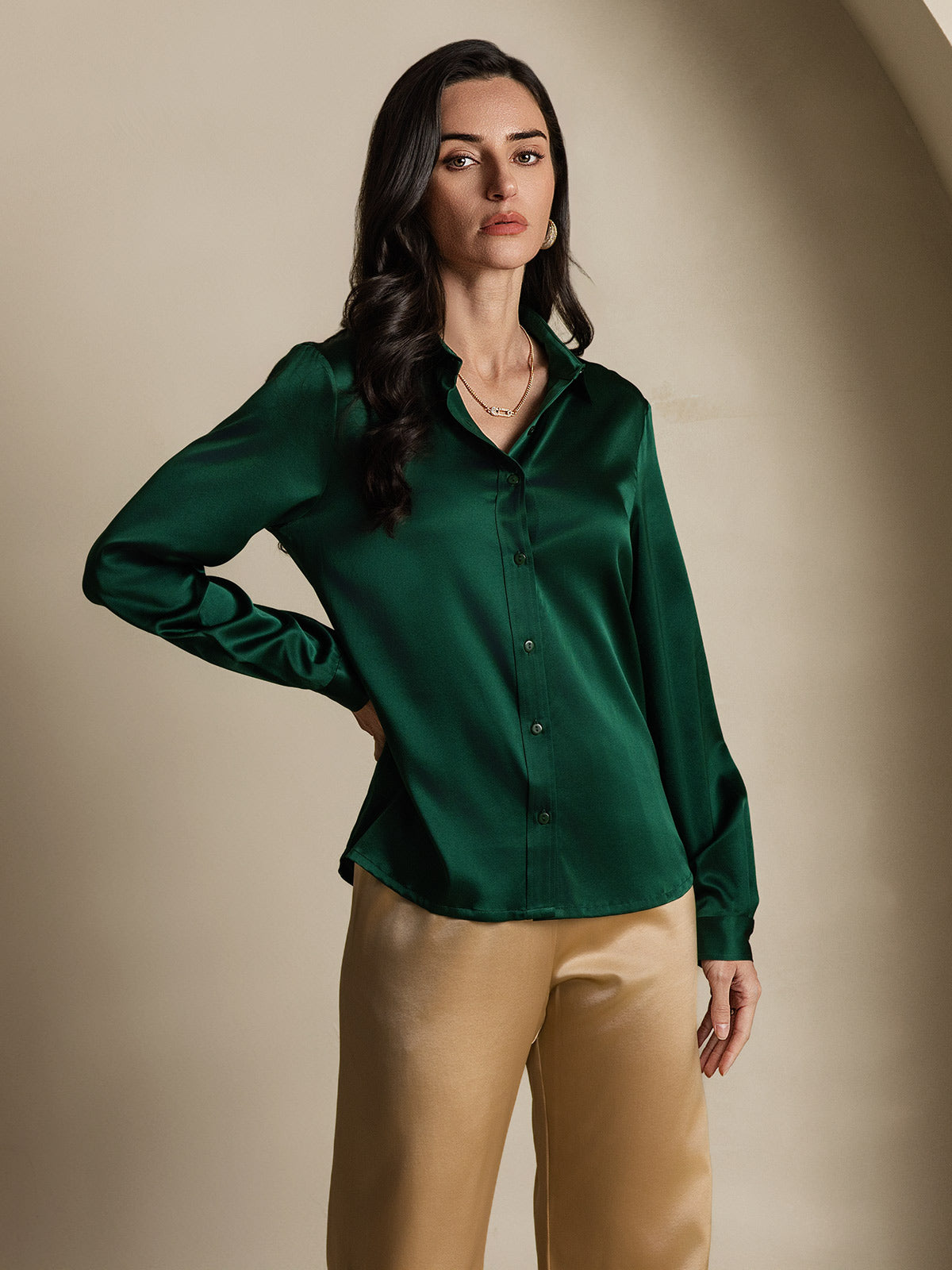 [Dark Green] SilkSilky-AU 19Momme Stretch Silk Charmeuse Long Sleeve Lapel Collar Women's Shirt 001