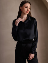 [Black] SilkSilky-AU 19Momme Stretch Silk Charmeuse Long Sleeve Lapel Collar Women's Shirt 001
