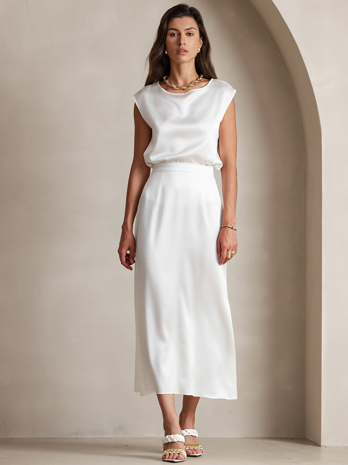 [White] SilkSilky-AU 19Momme Stretch Silk Charmeuse Skirt 005
