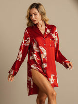 [Dark Red] SilkSilky-AU 19Momme Long Sleeve Notch Collar Nightshirt 001
