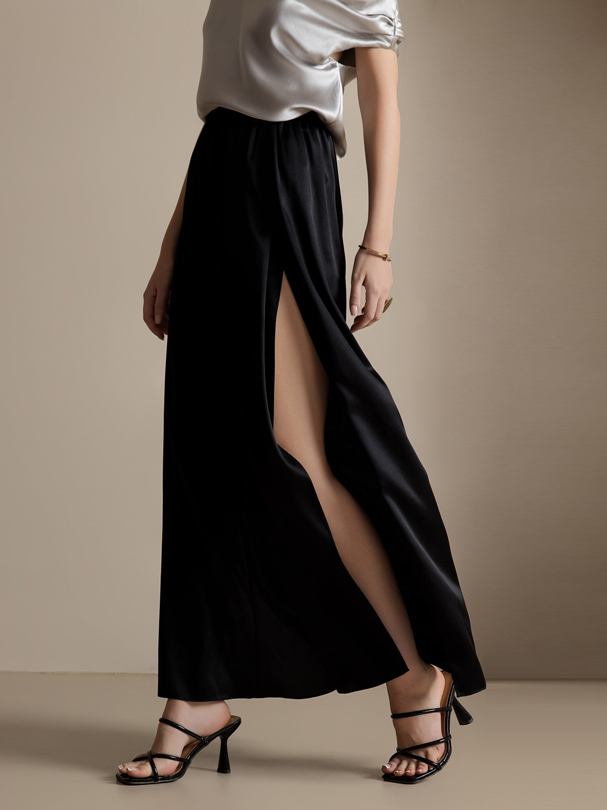 [Black] SilkSilky-AU 19Momme Silk Split Women's Pants 003