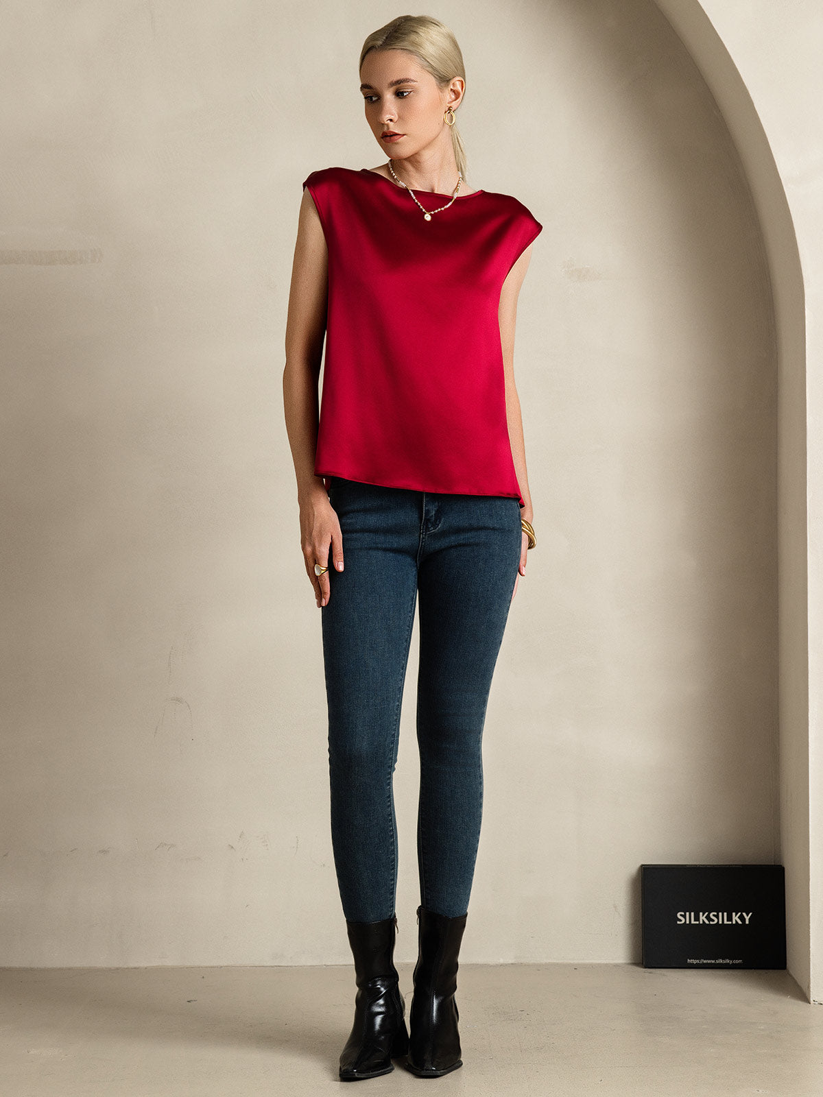 [Wine] SilkSilky-AU 19Momme Stretch Silk Charmeuse Cap Sleeve Round Neck Women's T-Shirt 007