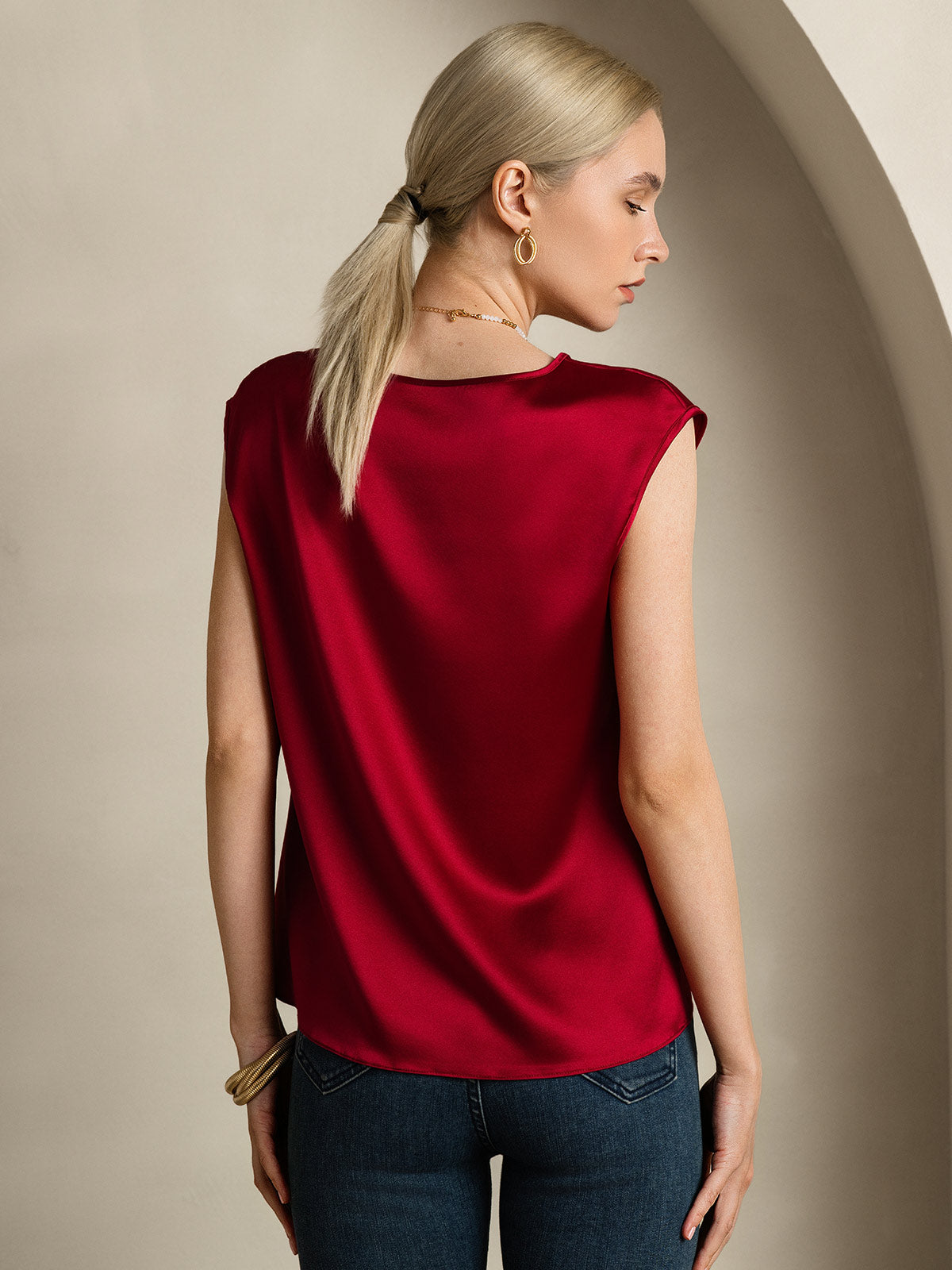 [Wine] SilkSilky-AU 19Momme Silk Round Neck Women's T-Shirt 002