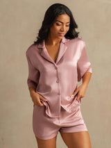 [Peach Skin] SilkSilky-AU 19Momme Machine-Washable Silk Half Sleeve Notch Collar Women's Pyjamas 003