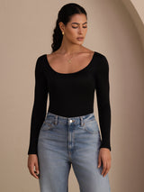 [Black] SilkSilky-AU Long Sleeve U Neck Women's T-Shirt 003