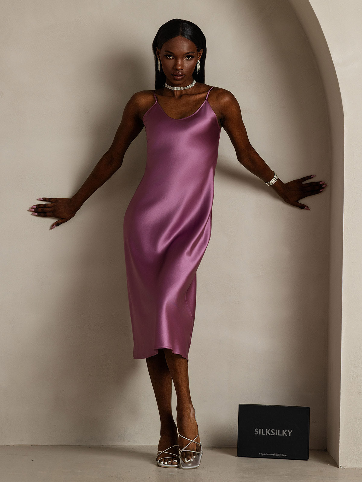 [Deep Purple] SilkSilky-AU Spaghetti Strap V Neck Dress 005