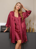 SilkSilky AU Pure Silk 3/4 Sleeve Nightgown&Robe Set Wine 004