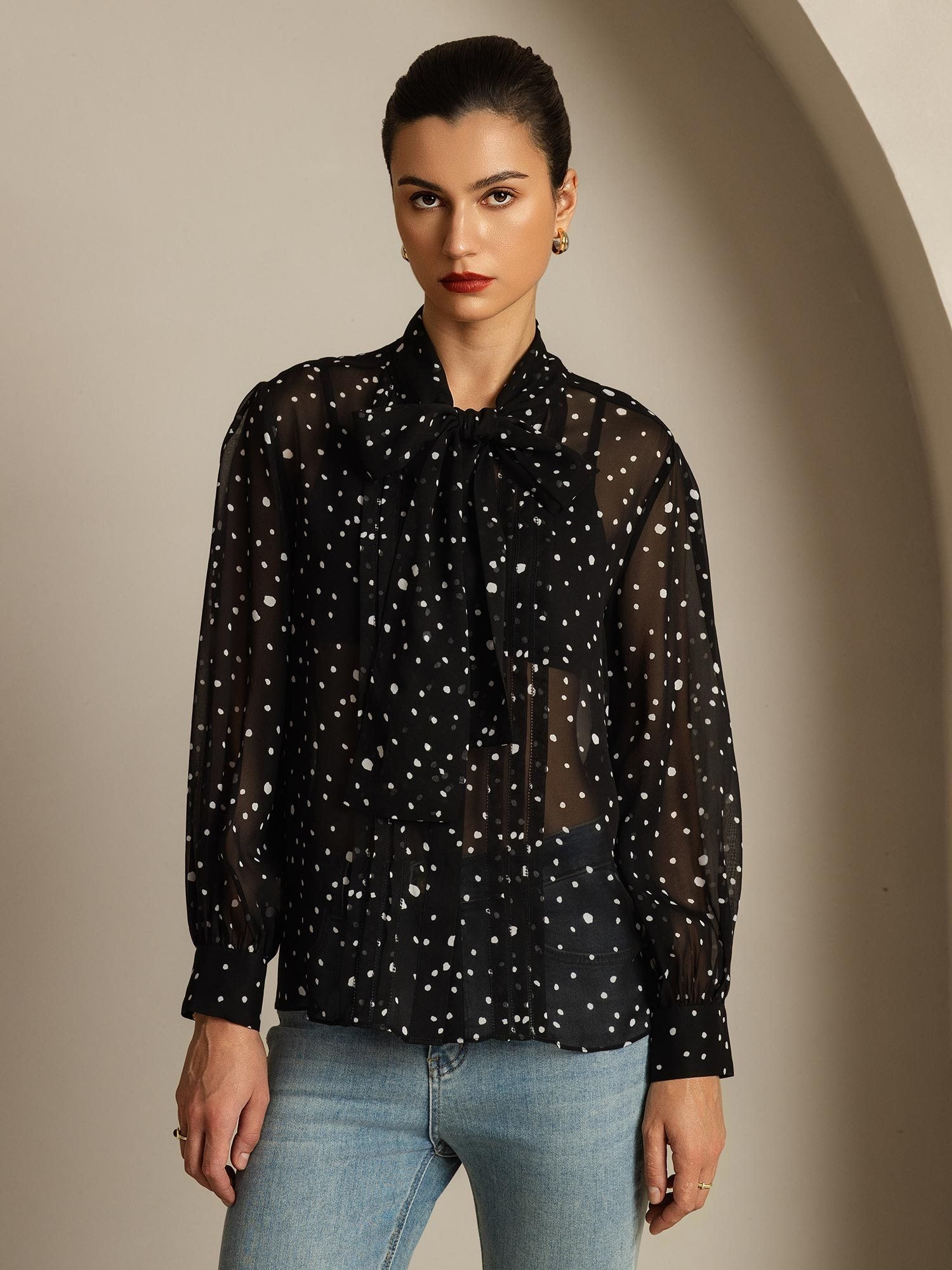 [PolkaDot] SilkSilky-AU Pure Silk Tie Neck Women's Shirt 003