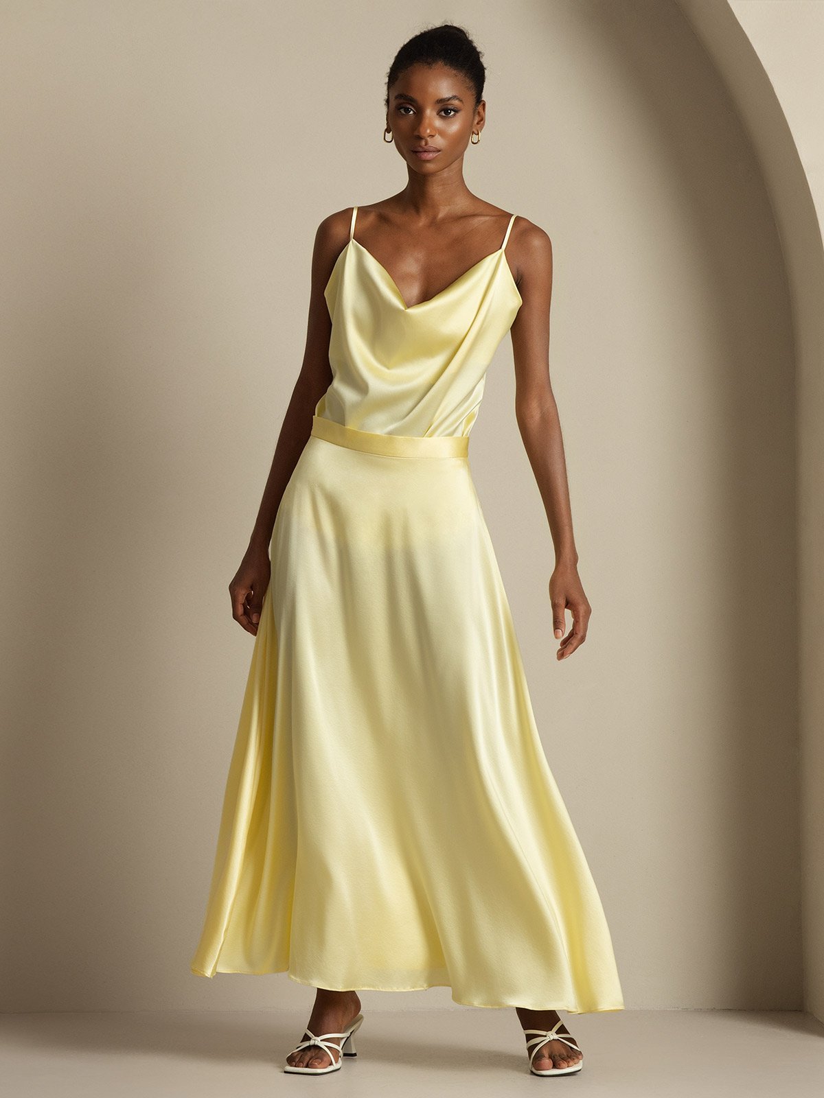 [Light Yellow] SilkSilky-AU 19Momme Silk Knitted Cowl Neck Women''s Outfit Sets 001,