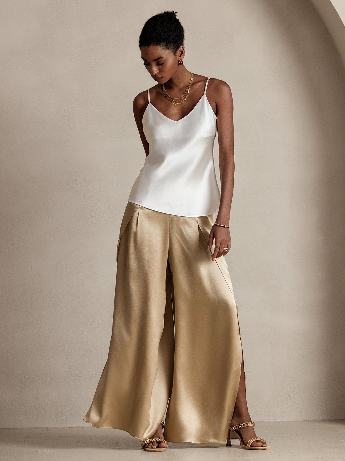 [Champagne] SilkSilky-AU 19Momme Silk Split Women's Pants 005