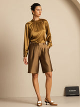 [Bronze] SilkSilky-AU 19Momme Stretch Silk Charmeuse Long Sleeve Round Neck Blouse 007