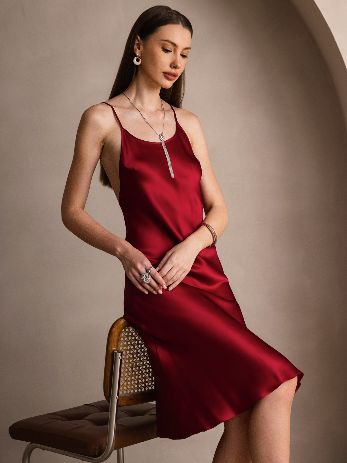 [Wine] SilkSilky-AU Pure Silk Round Neck Dress 001