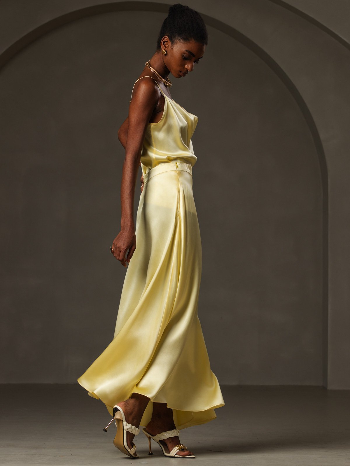 [Yellow] SilkSilky-AU 19Momme Silk Spaghetti Strap Cowl Neck Camisole 006