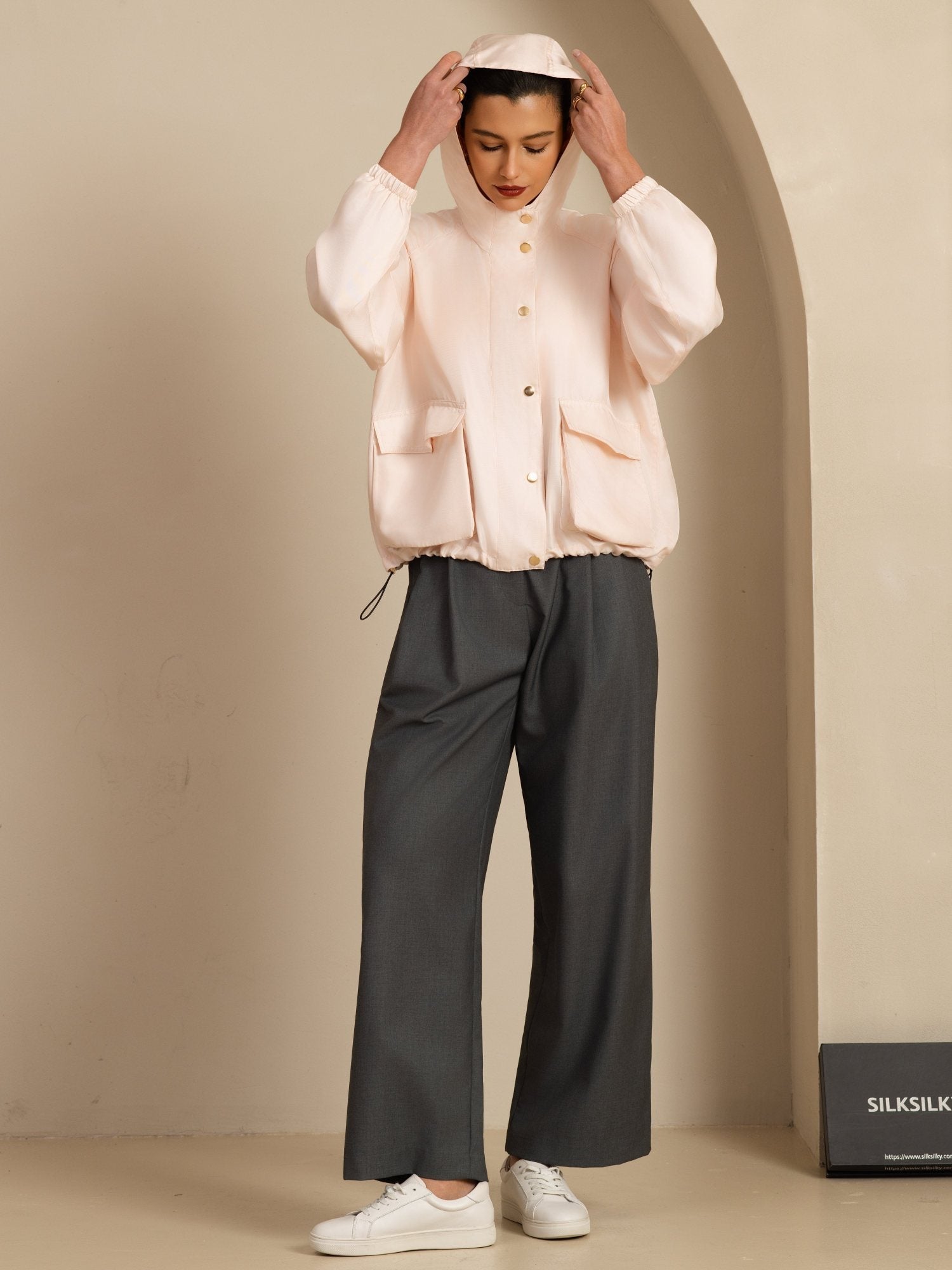 [Pink] SilkSilky-AU Silk Satin Surah Long Sleeve High Neck Women's Outerwear 008