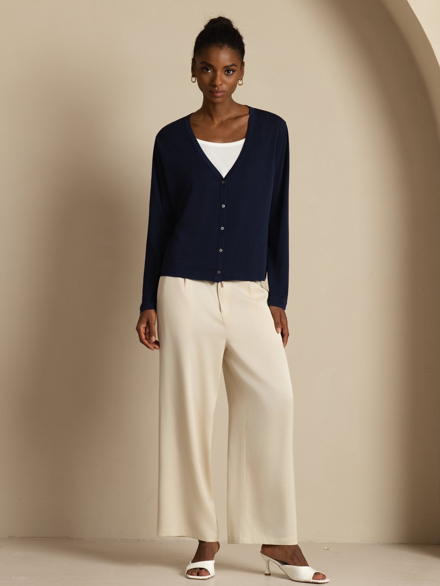 [DarkBlue] SilkSilky-AU 19Momme 100% High-Twist Silk Jersey Long Sleeve V Neck Women's Cardigan 008