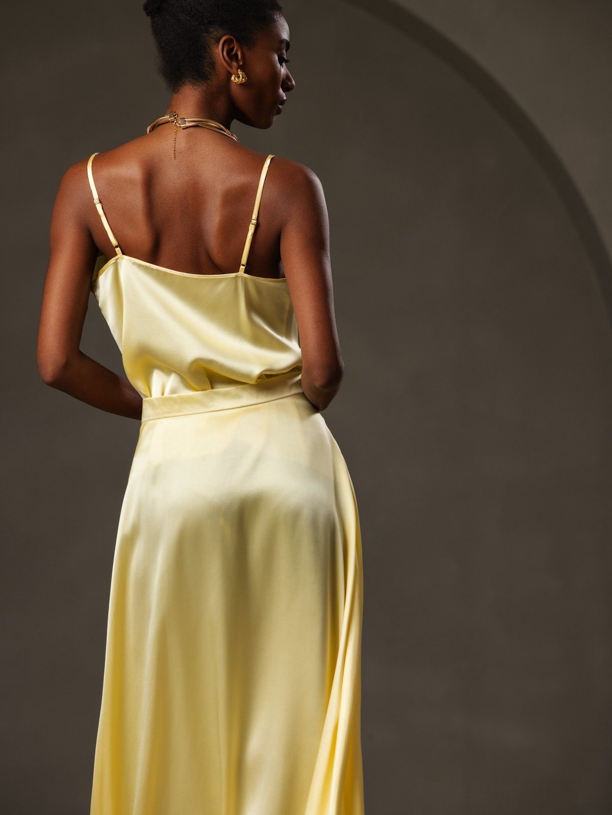 [Yellow] SilkSilky-AU 19Momme Silk Spaghetti Strap Cowl Neck Camisole 004