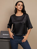 SilkSilky AU Pure Silk Half Sleeve Boat Neck Women's T Shirt Black 001