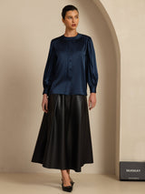 [Dark Blue] SilkSilky-AU 19Momme Long Sleeve Round Neck Blouse 008