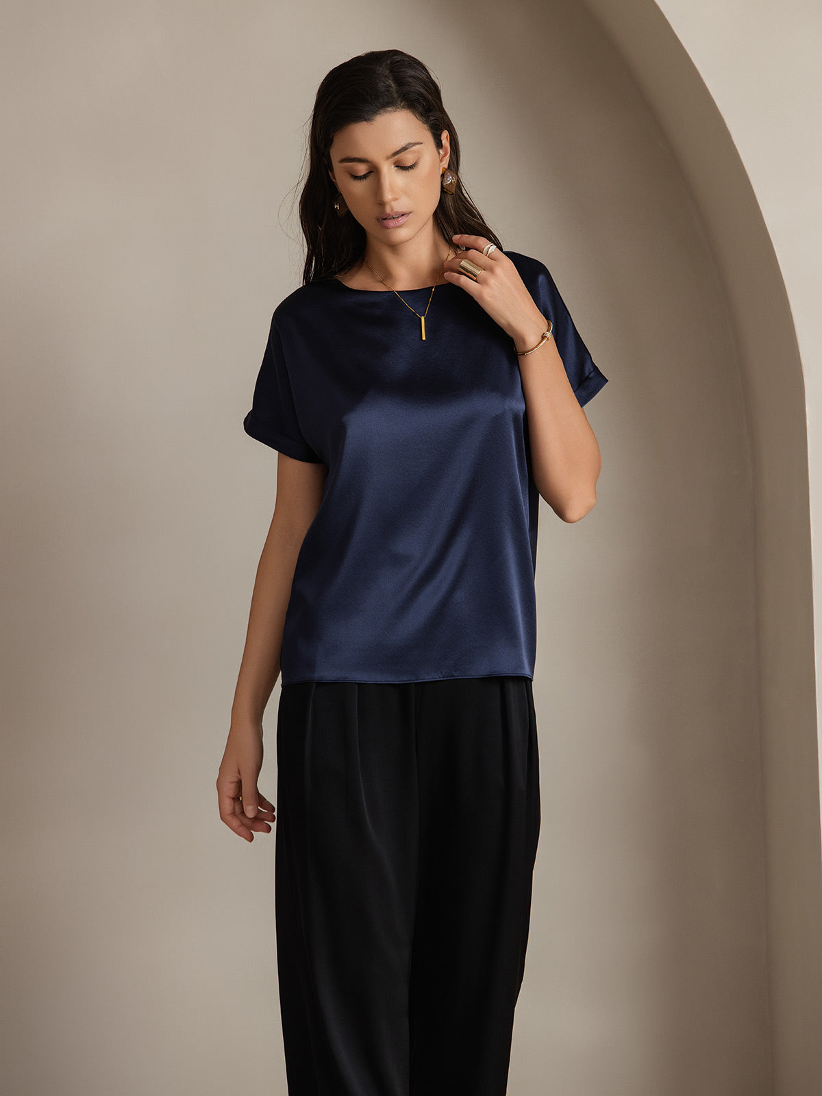 [Dark Blue] SilkSilky-AU 19Momme Silk Short Sleeve Round Neck Women's T-Shirt 003