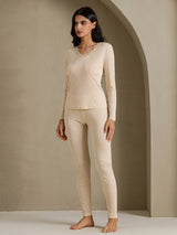 [Beige] SilkSilky-AU Long Sleeve V Neck Women's Long Johns 007