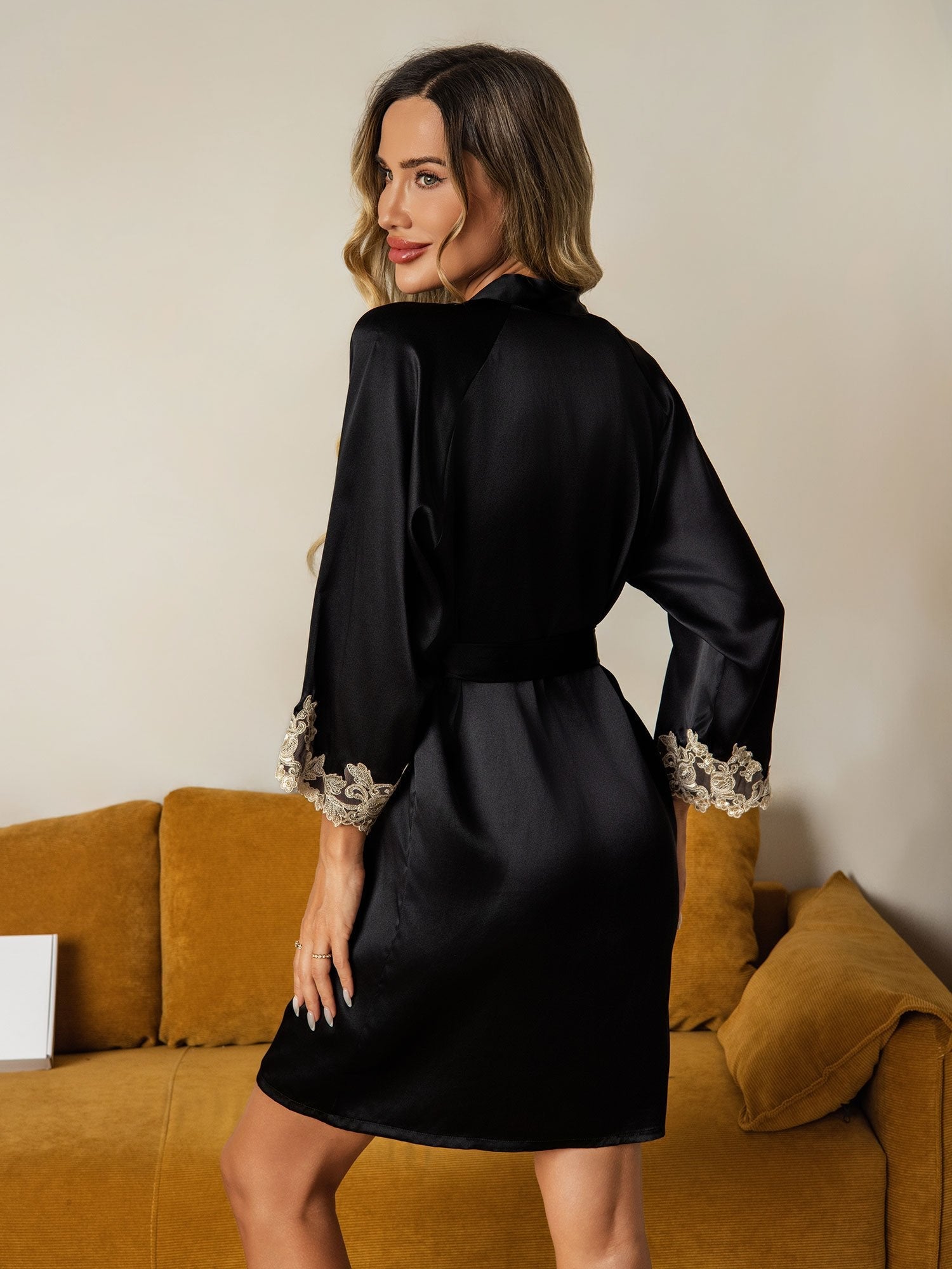 [Black] SilkSilky-AU Pure Silk Split Women's Dressing Gown 002