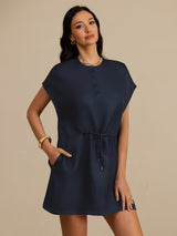 [Dark Blue] SilkSilky-AU 18Momme Silk Satin Surah Cap Sleeve Henley Neck Dress 003