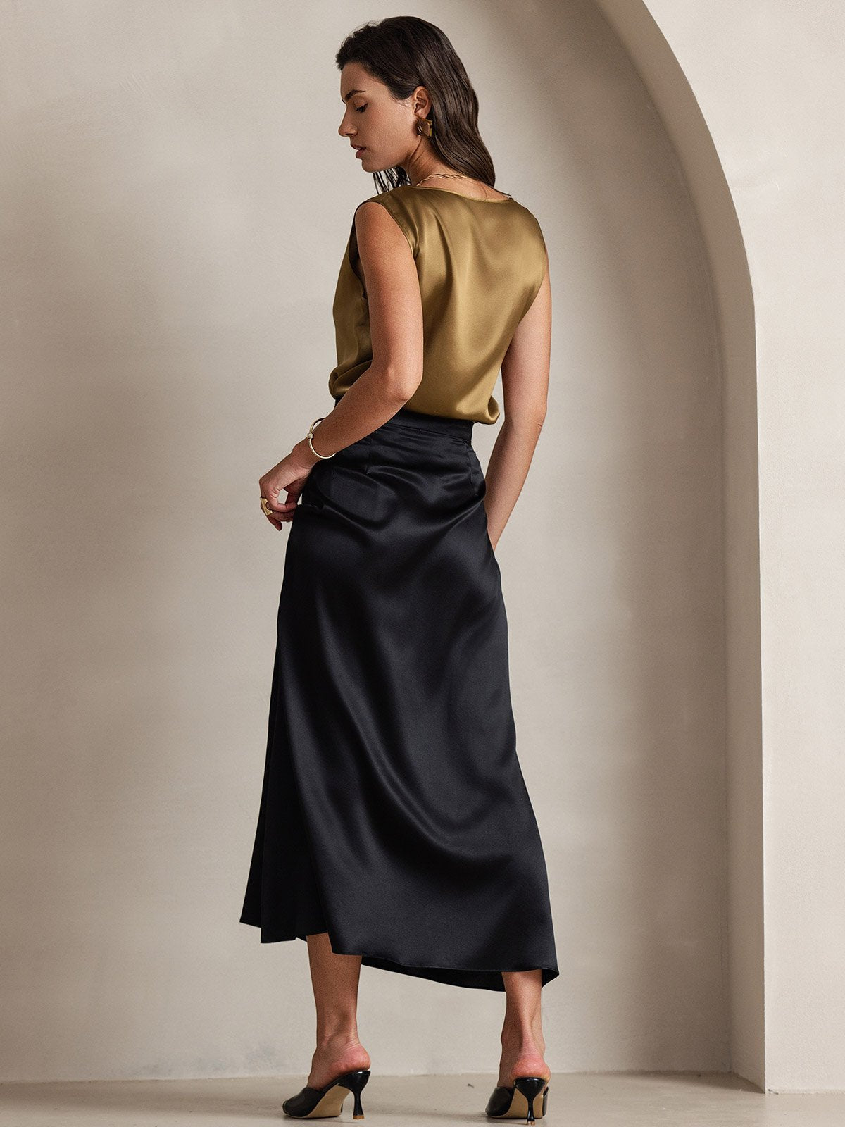 [Black] SilkSilky-AU 19Momme Stretch Silk Charmeuse Skirt 002