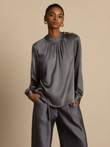 [Dark Gray] SilkSilky-AU 19Momme Stretch Silk Charmeuse Long Sleeve Round Neck Blouse 004