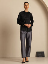 [Black] SilkSilky-AU 19Momme Stretch Silk Charmeuse Long Sleeve Round Neck Blouse 007