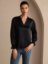 [Black] SilkSilky-AU Long Sleeve Split Women's Blouse 003