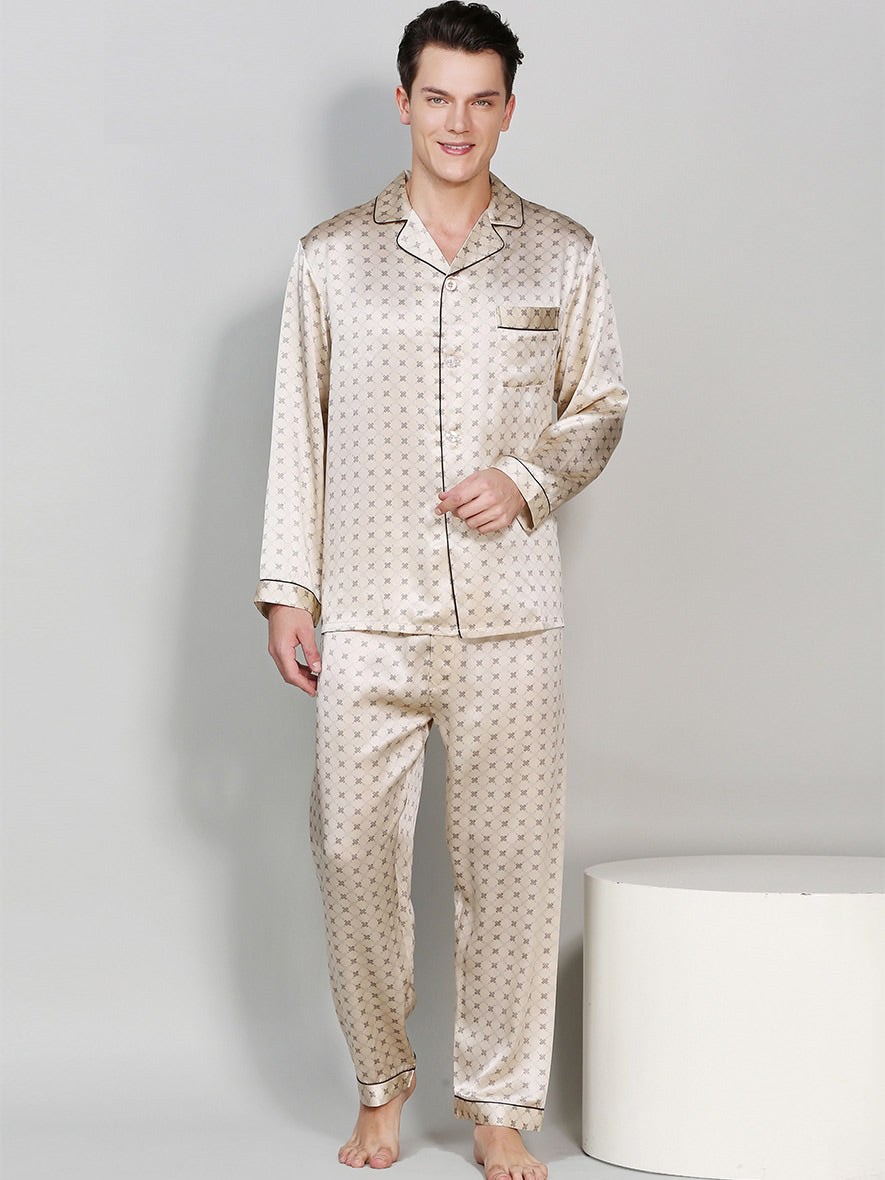 SilkSilky AU Pure Silk Long Sleeve Lapel Men's Pyjamas Champagne 001