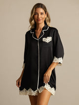 [Black] SilkSilky-AU Pure Silk Lapel Collar Nightshirt 003