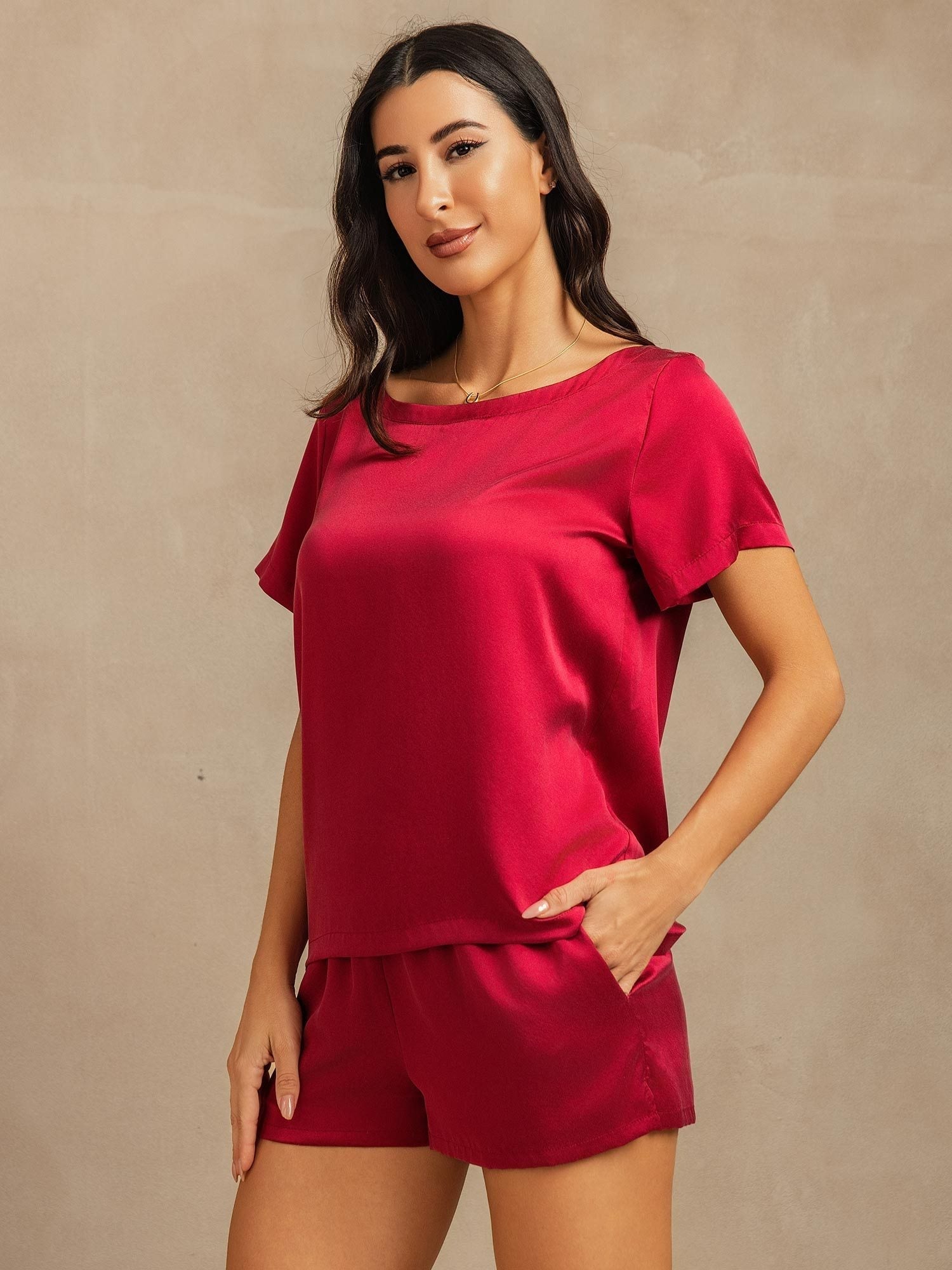 [Wine] SilkSilky-AU 19Momme Silk Round Neck Women's Pyjamas 003,