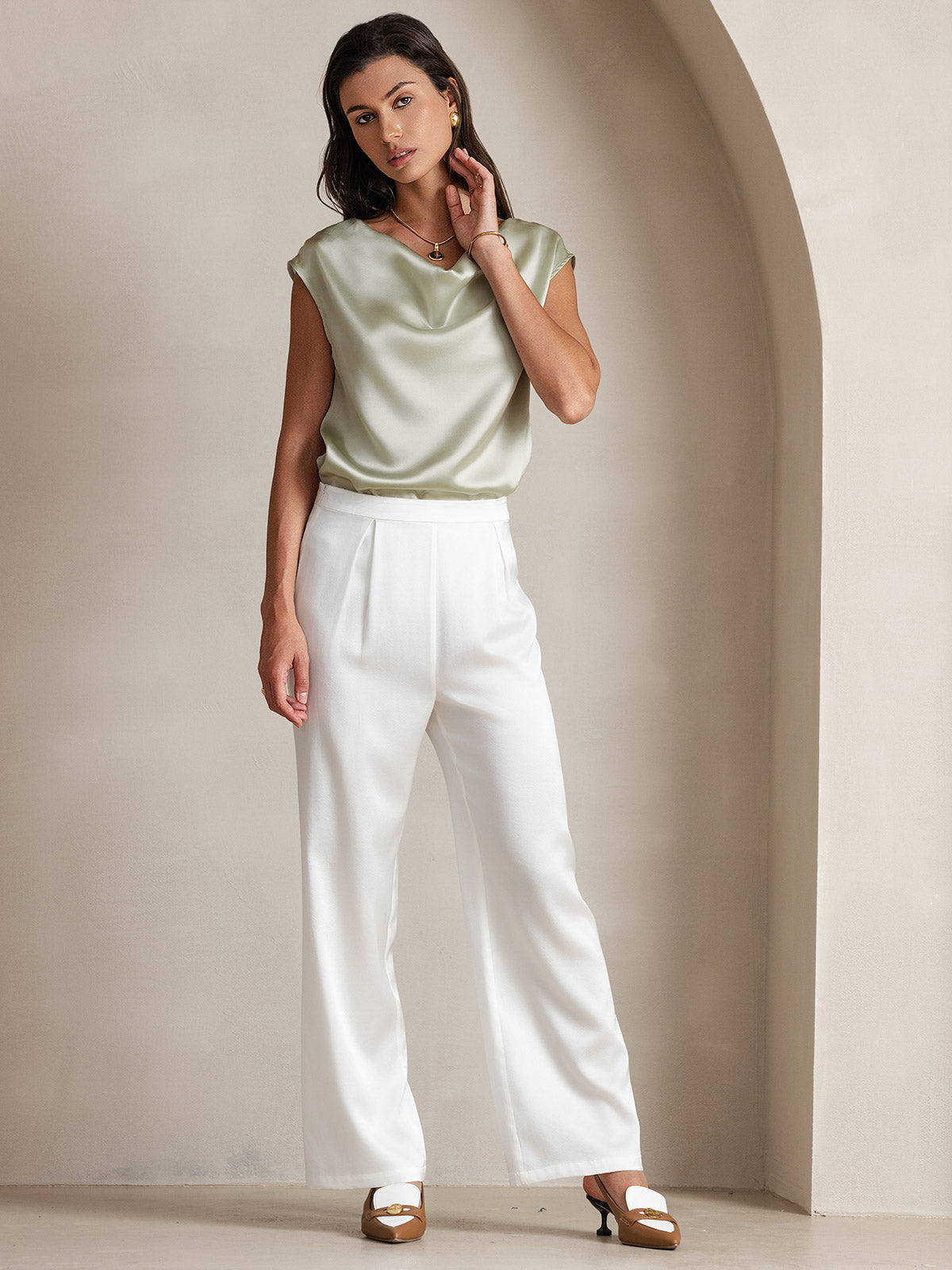 [Light Green] SilkSilky-AU 19Momme Silk Sleeveless Cowl Neck Women's T-Shirt 008