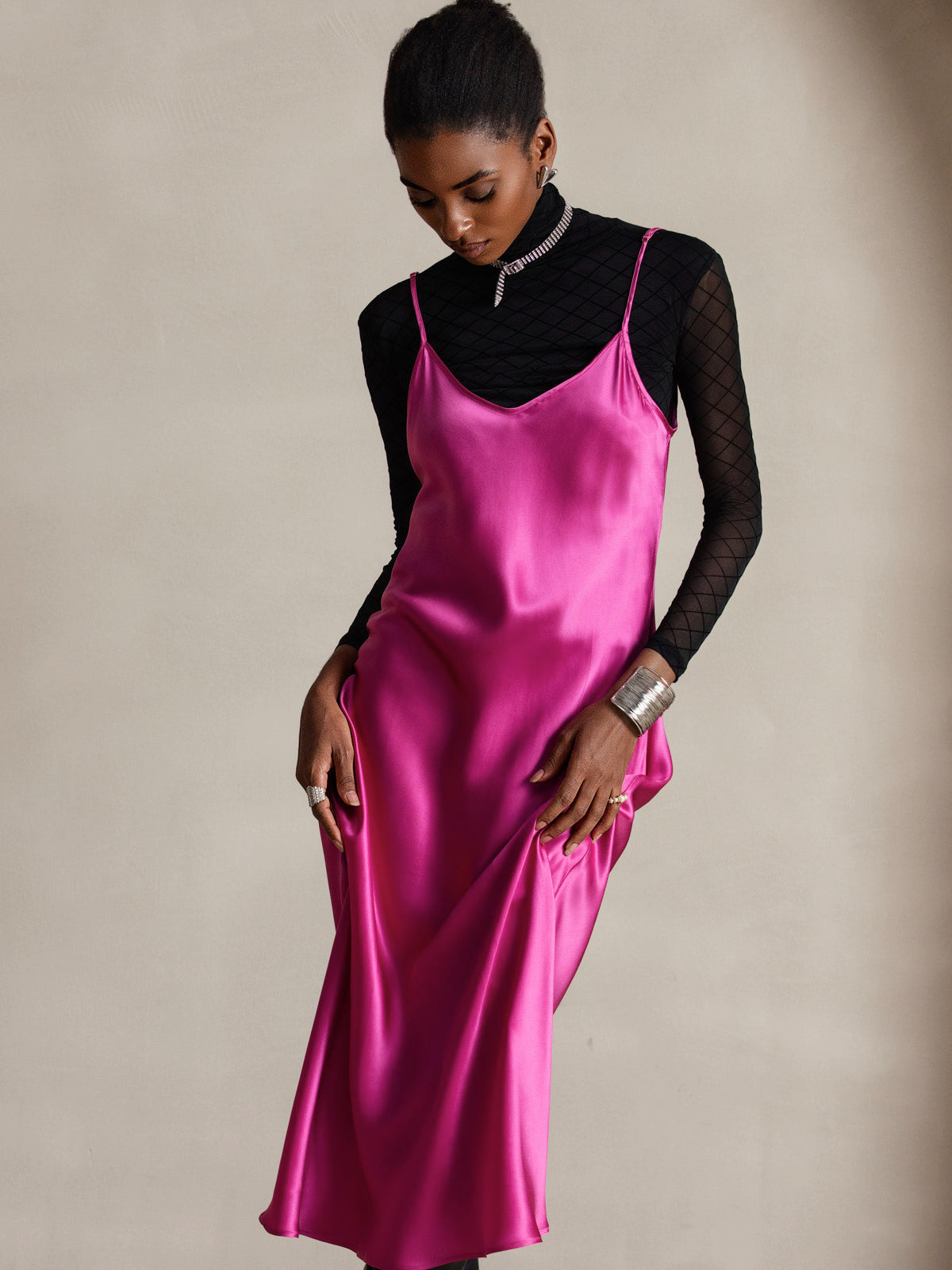 [Rose Red] SilkSilky-AU Spaghetti Strap V Neck Dress 005