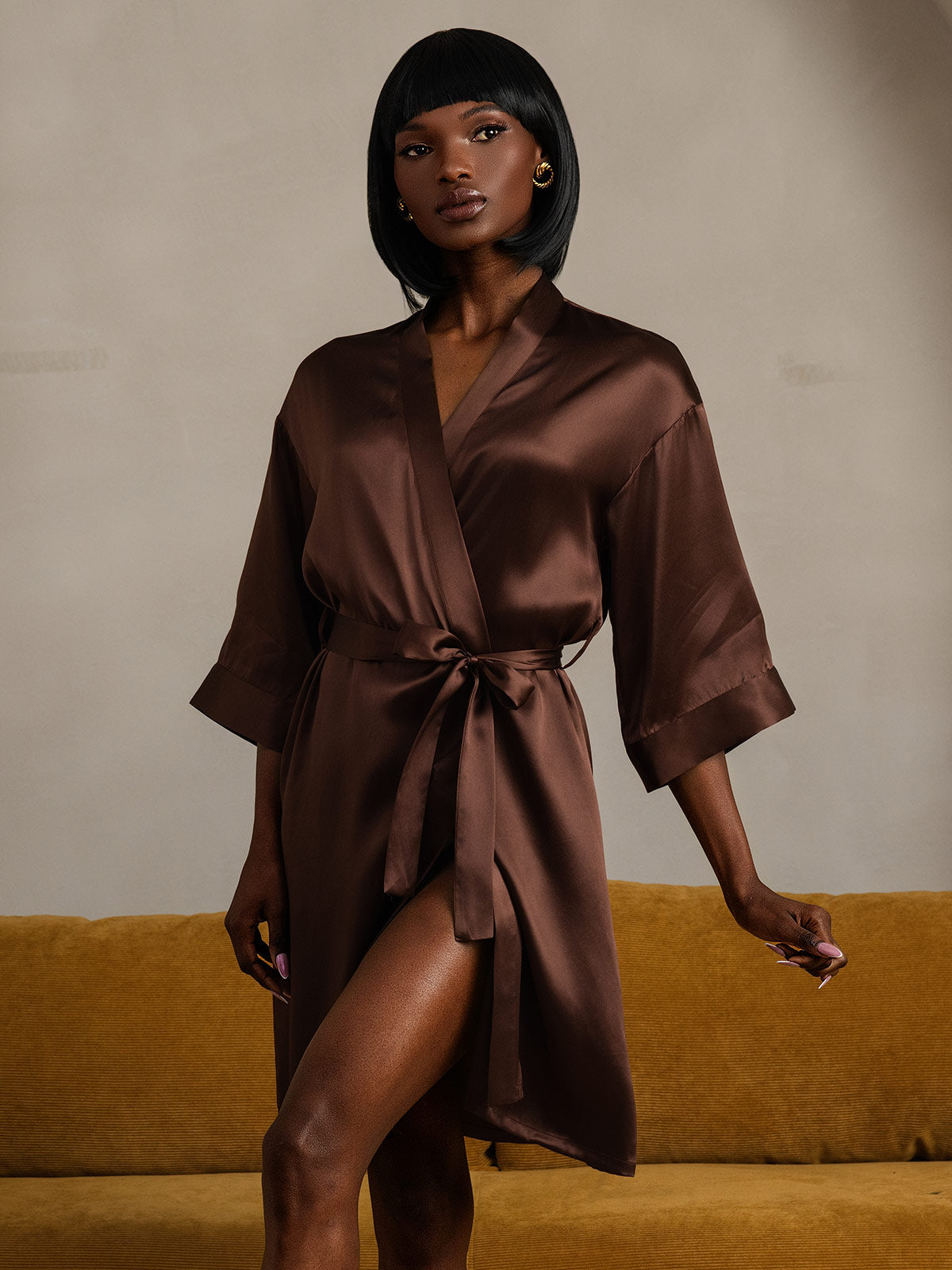 [Coffee] SilkSilky-AU Pure Silk Womens Robe 006