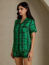 [Green Plaid] SilkSilky-AU Short Sleeve Notch Collar Women's Pyjamas 003