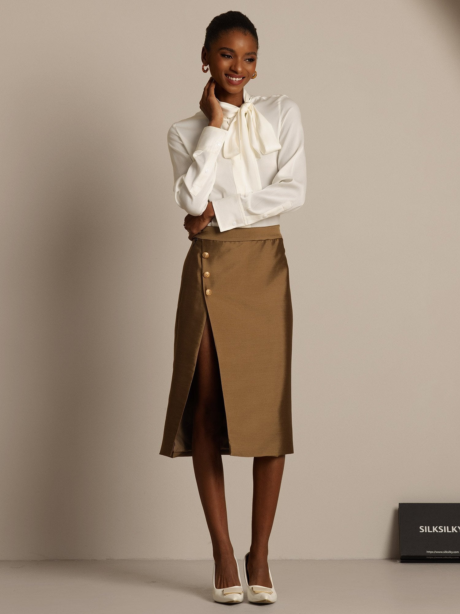 [Bronze] SilkSilky-AU 32Momme Wool Split Skirt 007,