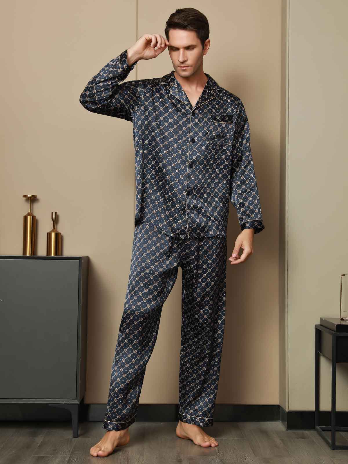 SilkSilky AU Pure Silk Long Sleeve Lapel Men's Pyjamas DarkBlue 004