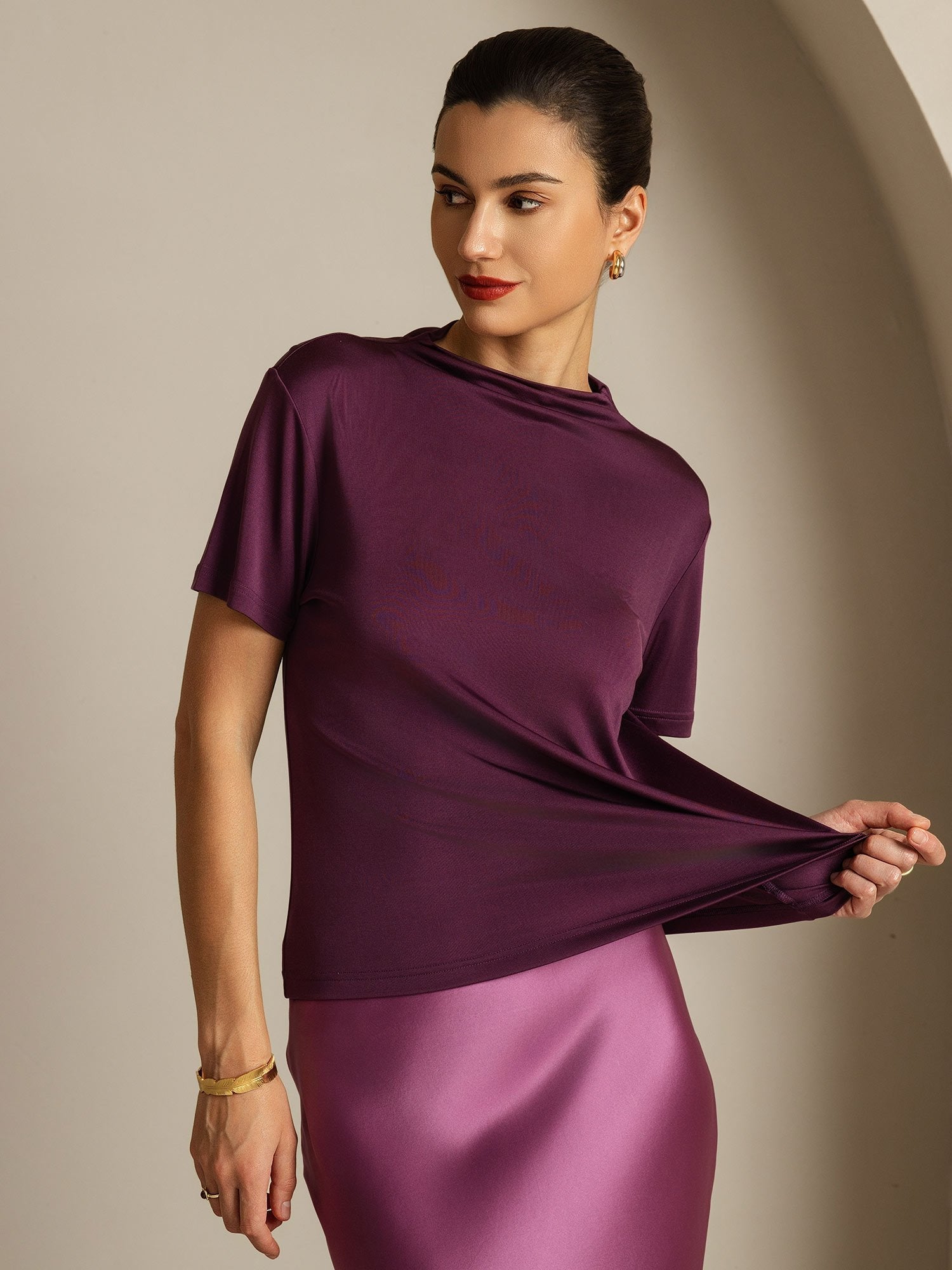 [Purple] SilkSilky-AU Pure Silk Collar Women's T-Shirt 001