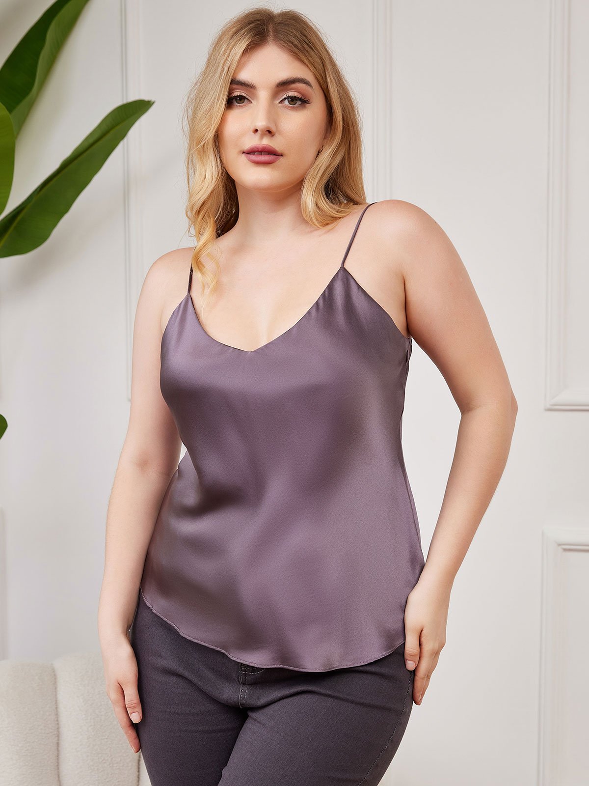 SilkSilky-AU Pure Silk Deep V Neck Plus Size Camisole Top PurpleGray 004