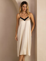 [Brown Rice] SilkSilky-AU Spaghetti Strap V Neck Dress 001