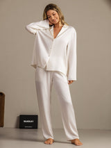 [White] SilkSilky-AU 19Momme Machine-Washable Silk Long Sleeve Notch Collar Women's Pyjamas 007